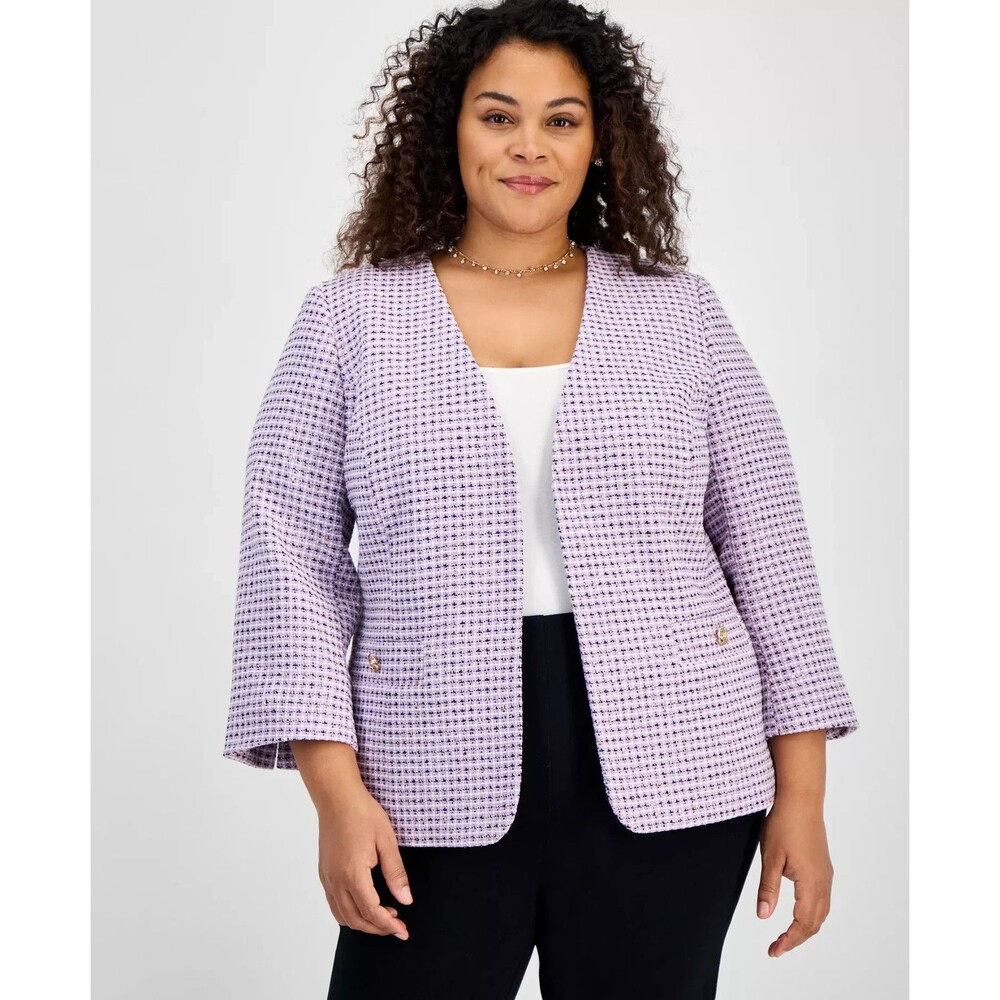 Kasper Women's Plus Size Tweed 3/4-Sleeve Open-Front Blazer Lavender Multi 18W